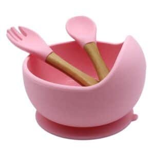 Silicone Baby Bowl with Wooden Handle Utensils