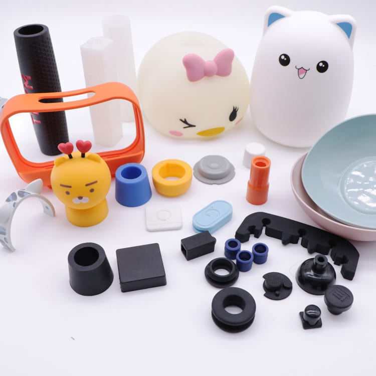 Custom molded silicone parts showing different shapes, colors, and OEM product applications