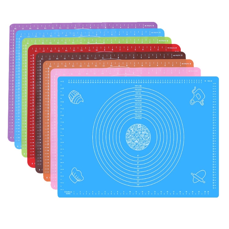 Colorful custom silicone kneading mats with measurement guides for baking and kitchen use