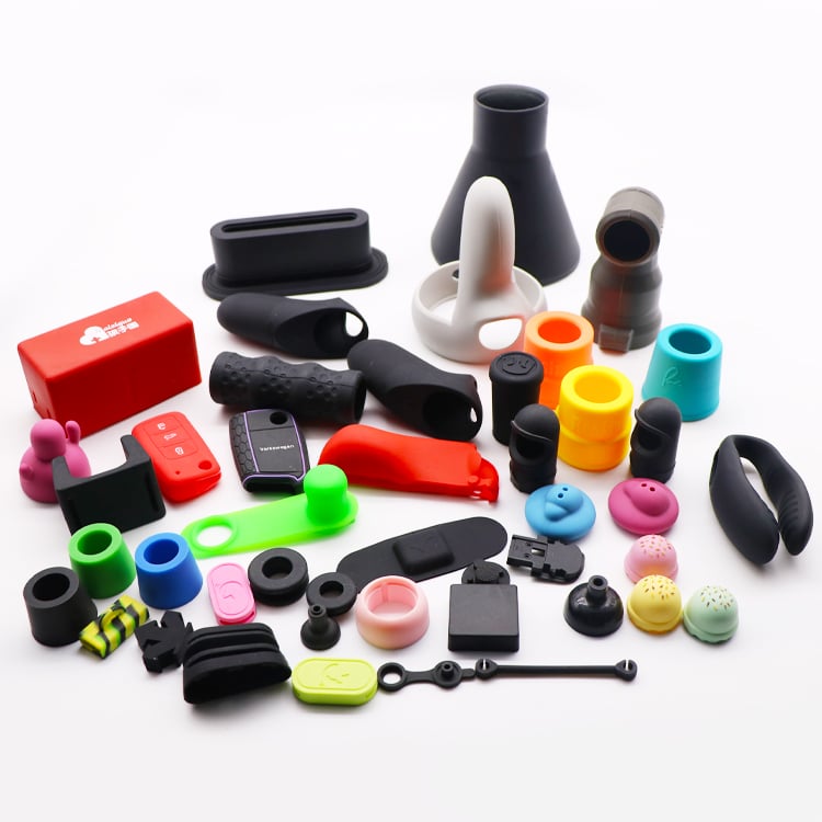 Assorted custom silicone parts showing different molding applications and product designs