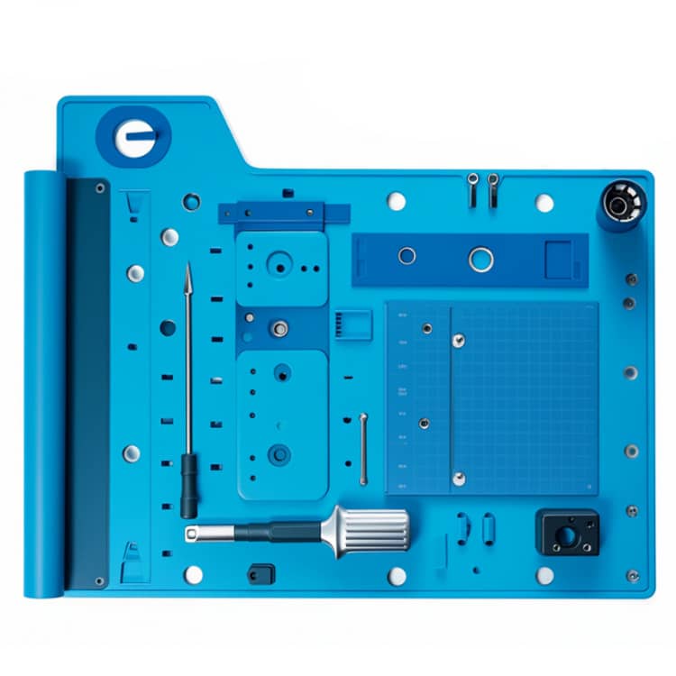 Blue silicone repair mat with molded tool zones and insert-friendly functional design