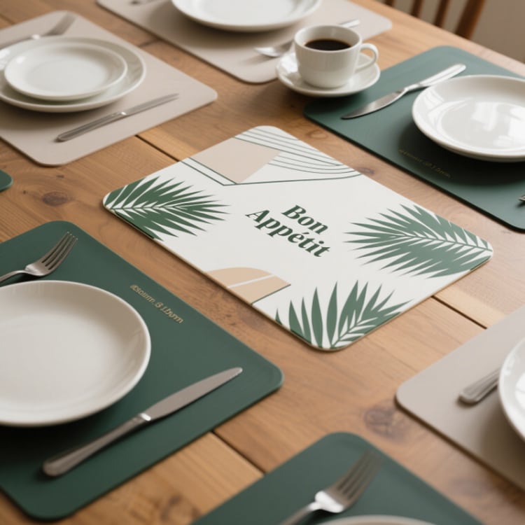Custom silicone table mats with printed branding for restaurant and home dining use