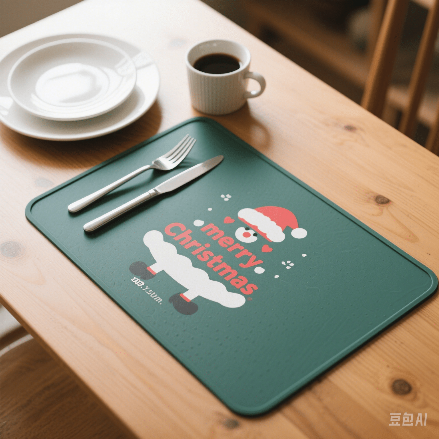 Textured green silicone placemat with printed Christmas design for non-slip dining table use
