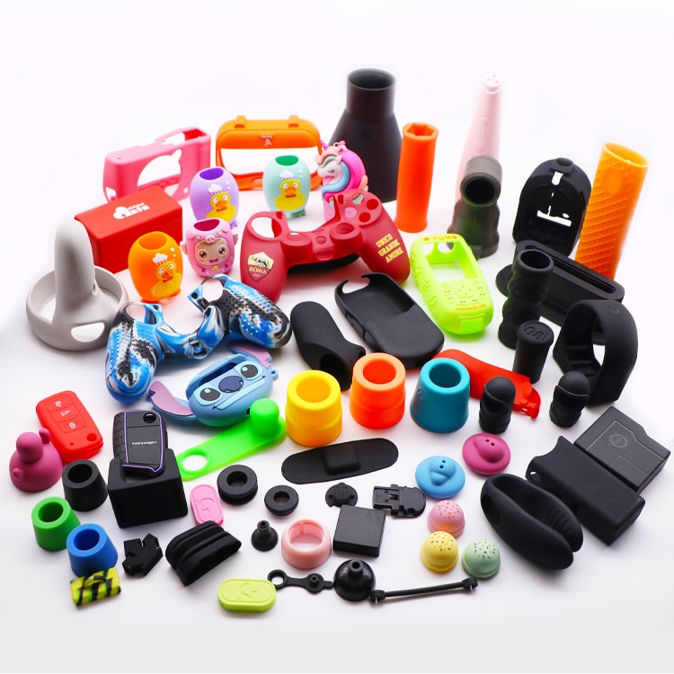 Assorted custom silicone parts showing OEM quality control for color, dimensions, and surface finish