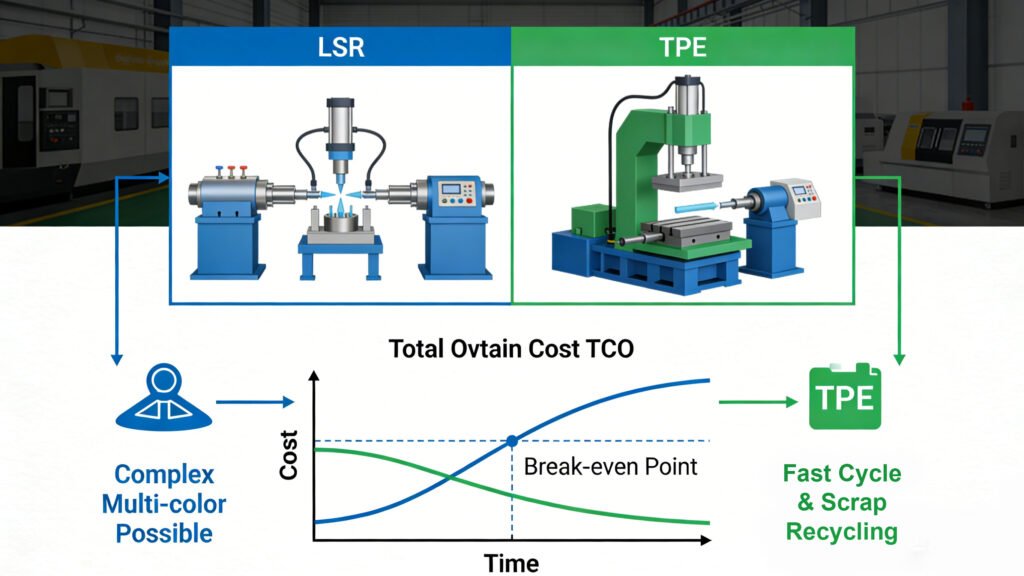 Comparison diagram of Liquid Silicone Rubber (LSR) injection molding versus Thermoplastic Elastomer (TPE) processing, illustrating the trade-off between complex multi-color capabilities and fast cycle times, along with a Total Cost of Ownership (TCO) graph showing the break-even point for high-volume production.