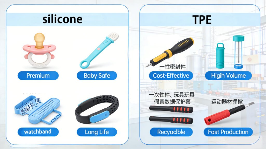 Application guide comparing silicone for premium, baby-safe, and high-temperature products (like medical tubing and baking molds) versus TPE for cost-effective, high-volume items (like tool handles and disposable seals), helping brands choose based on market positioning.