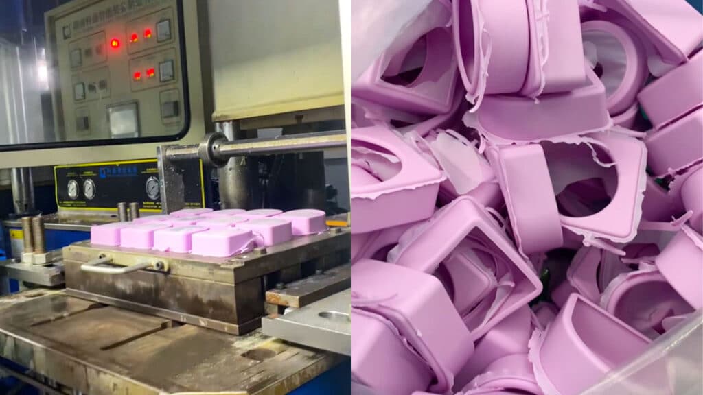 Silicone compression molding machine processing pink silicone parts for production