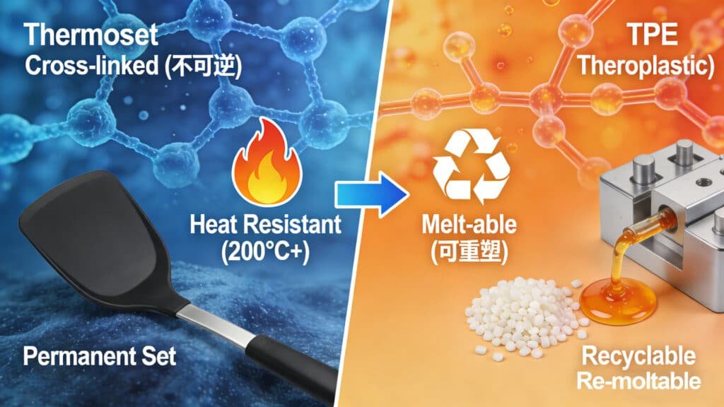 Molecular structure comparison between thermoset silicone (cross-linked, heat resistant, permanent set) and thermoplastic TPE (melt-able, recyclable), explaining the fundamental chemical reasons for their different thermal stability and recycling capabilities.