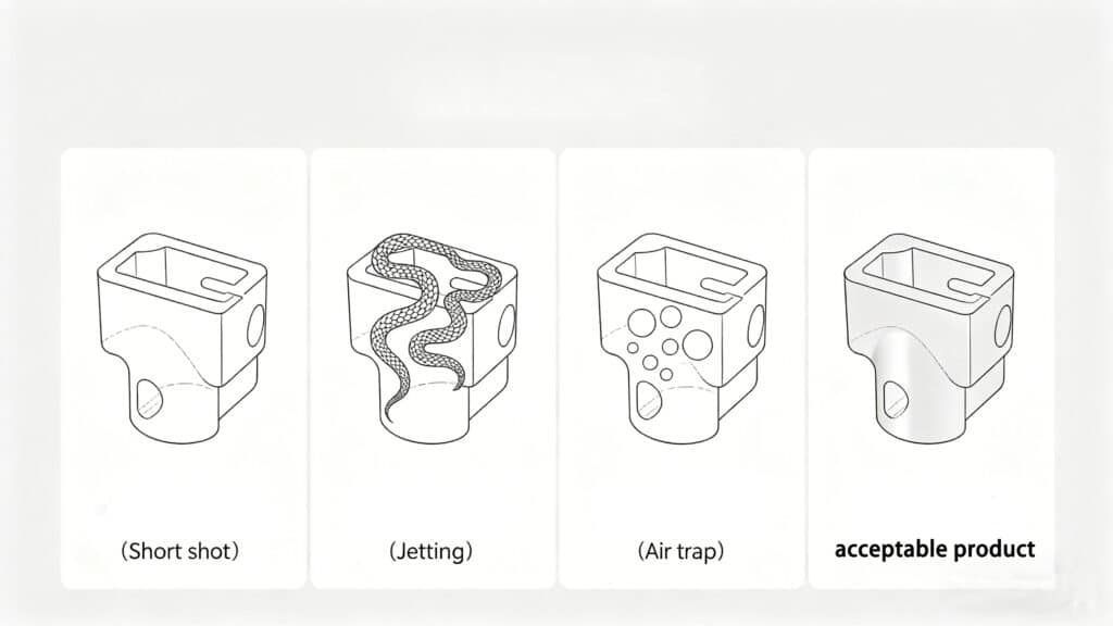 Comparison of common LSR injection molding defects including short shot, jetting, and air trap versus an acceptable product.