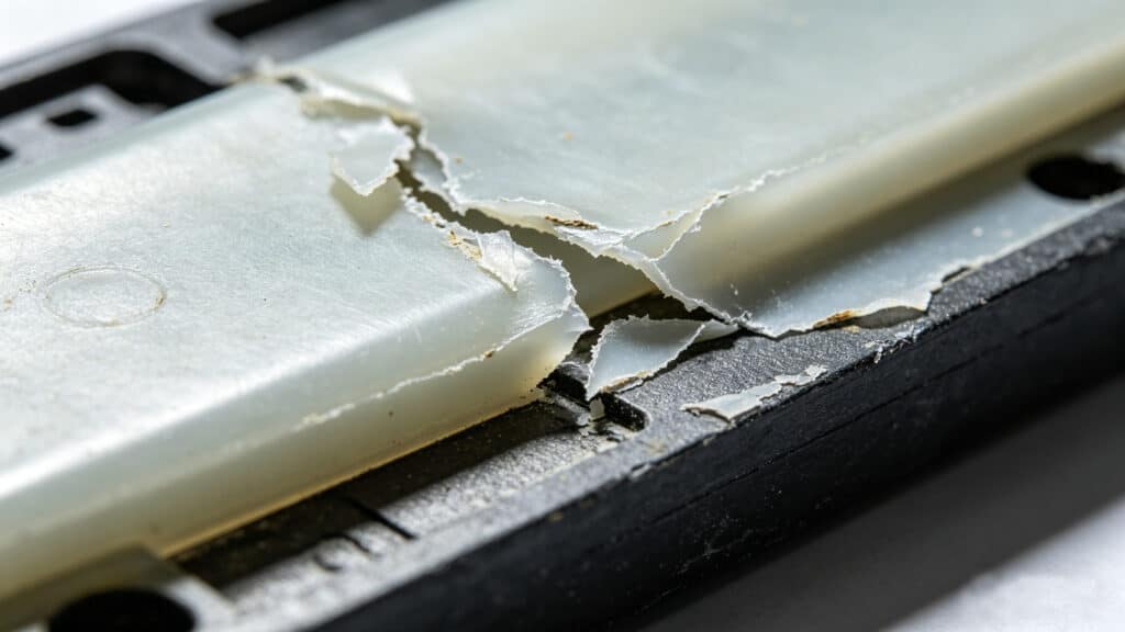 Macro shot of failed silicone overmolding showing delamination and peeling where the silicone rubber has separated from the black plastic substrate.