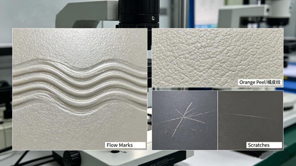 Microscopic view of common silicone surface defects including flow marks, orange peel texture, and scratches.