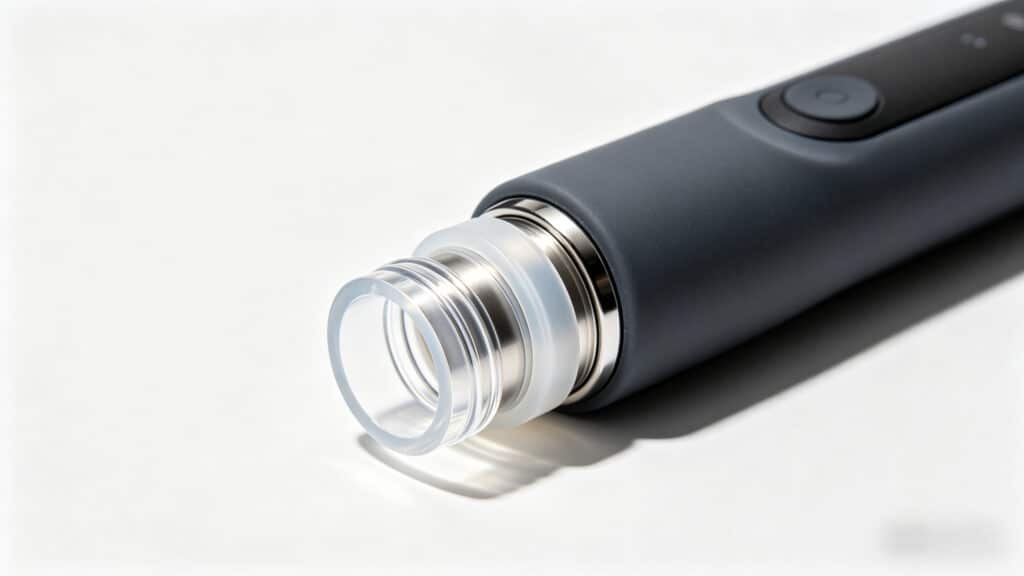 High-quality silicone overmolded handle of an electric toothbrush, showing a seamless bond between soft-touch silicone and hard plastic housing.