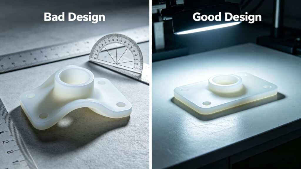 Comparison between a bad silicone part design with uneven walls causing warpage and a good design with uniform thickness ensuring dimensional stability.