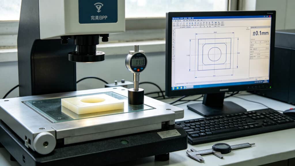 Quality control engineer measuring a silicone part using precision equipment and comparing dimensions on a computer screen during PP sample validation.