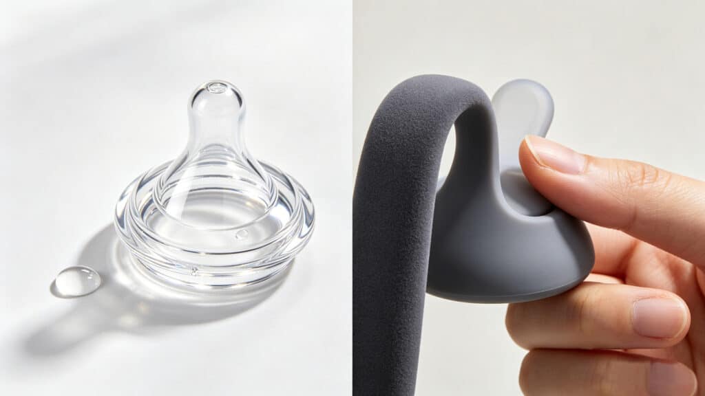 Comparison of high gloss transparent silicone nipple and matte grey soft-touch silicone handle, showing different surface textures.