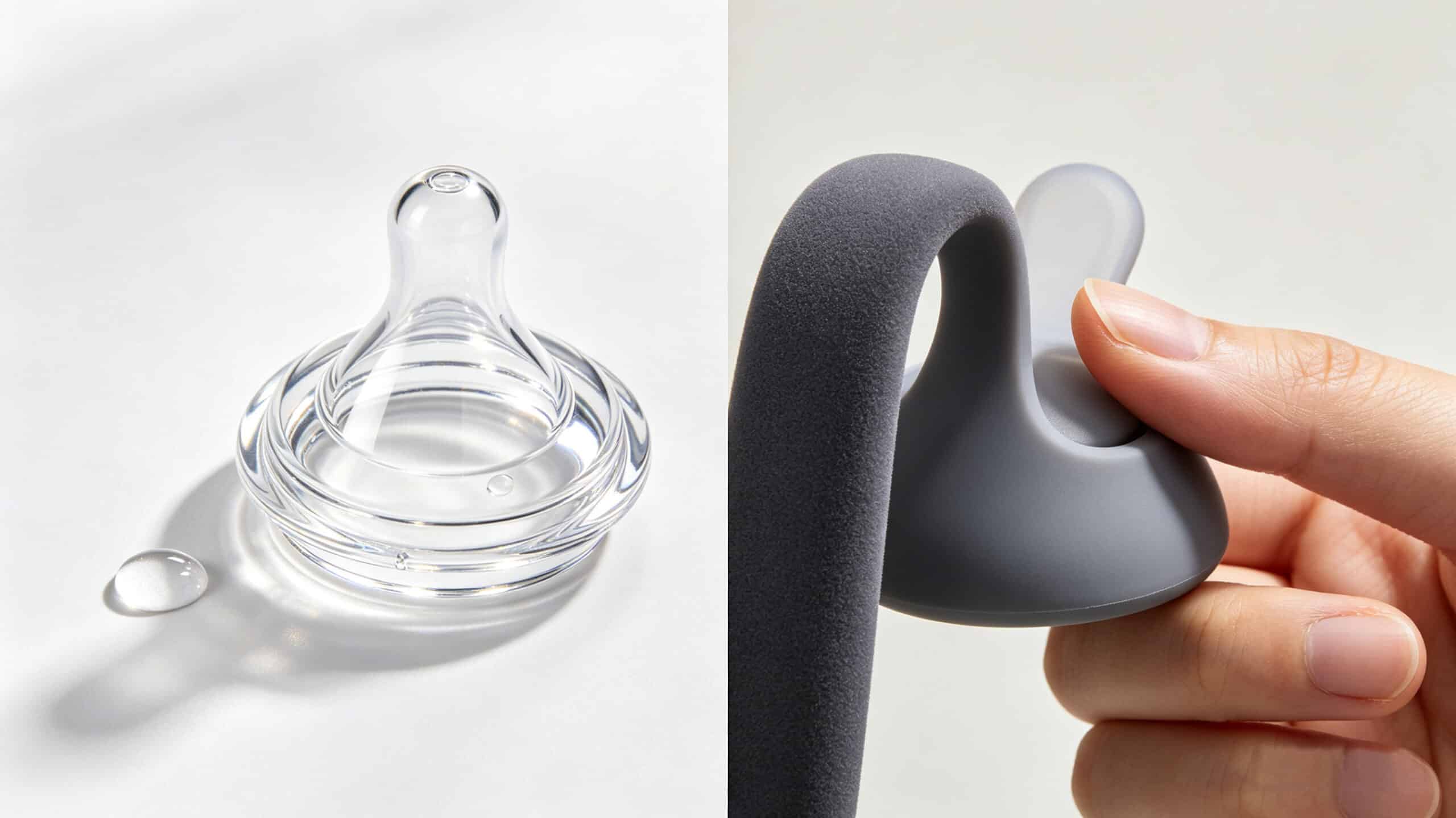 Comparison of high gloss transparent silicone nipple and matte grey soft-touch silicone handle, showing different surface textures.