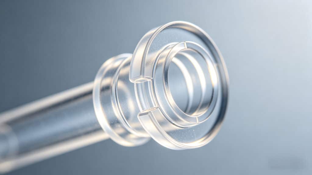 Close-up of a high-precision transparent silicone tube part produced by LSR injection molding, showing smooth surface and low flash.