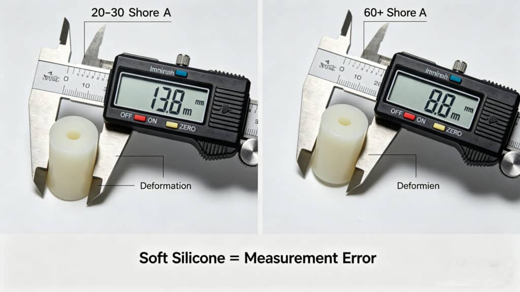 Comparison of measuring soft (20-30 Shore A) and hard (60+ Shore A) silicone parts with digital calipers, demonstrating deformation errors in soft materials.
