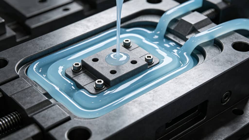 Close-up of liquid silicone rubber (LSR) being injected into a mold cavity, encapsulating a substrate insert during the overmolding process.
