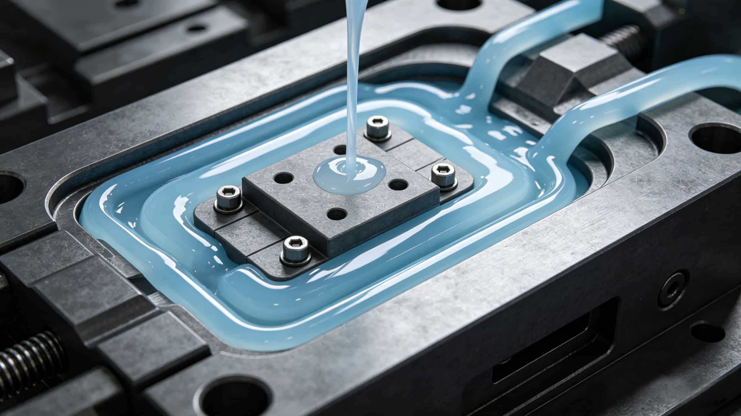 Close-up of liquid silicone rubber (LSR) being injected into a mold cavity, encapsulating a substrate insert during the overmolding process.