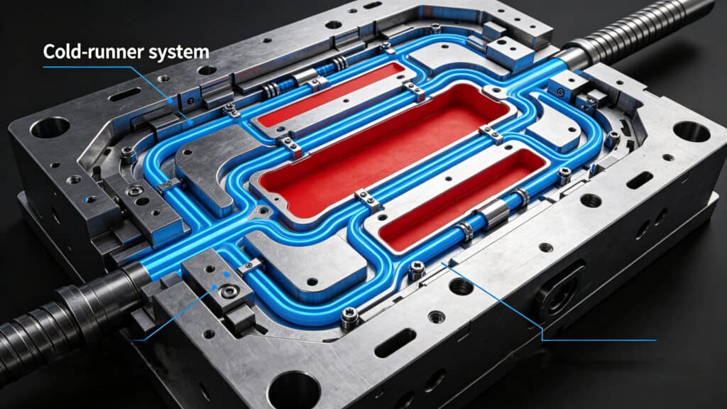 Cross-section view of an LSR injection mold highlighting the cold-runner system and mold cavity.