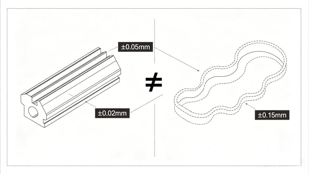 Infographic comparing tight metal machining tolerances (±0.02mm) with wider, realistic silicone rubber tolerances (±0.15mm).