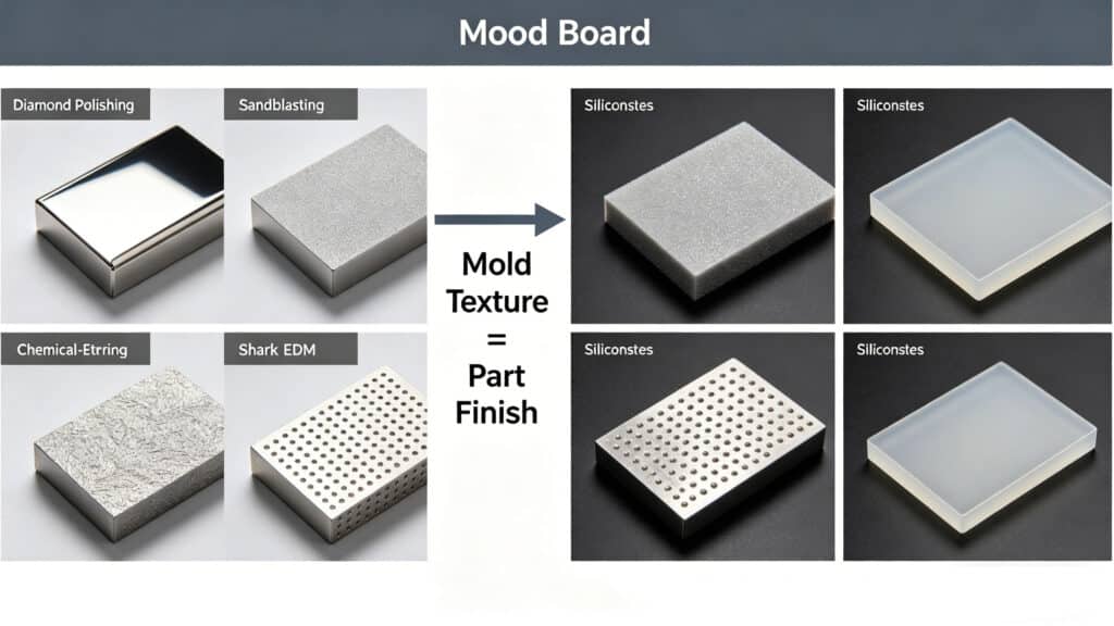 Mood board showing the correlation between mold surface textures (diamond polishing, sandblasting, chemical etching, EDM) and the resulting silicone part finishes.