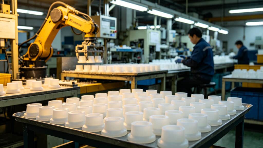 Silicone manufacturing factory floor showing robotic arm and assembly line workers during a pilot run for mass production of silicone parts.