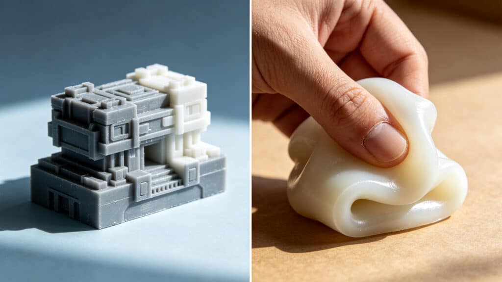 Comparison between a rigid 3D printed prototype and a flexible silicone part, highlighting the difference in material properties and flexibility.