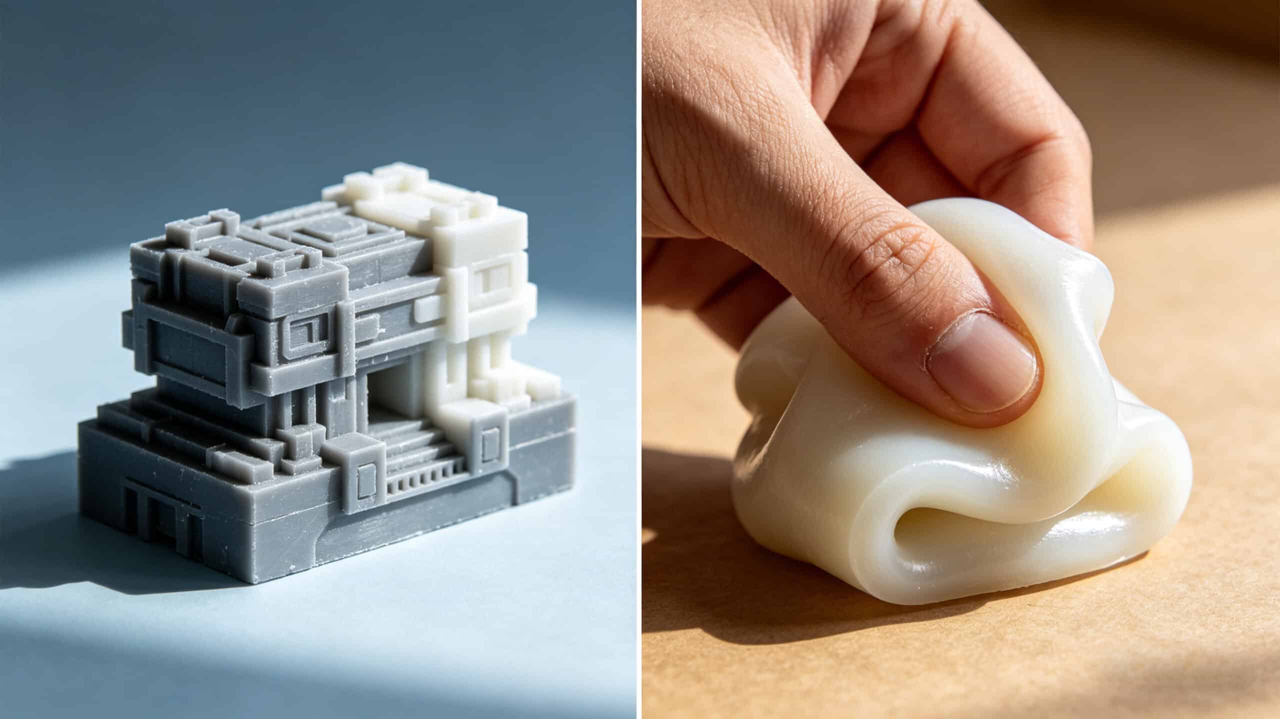 Comparison between a rigid 3D printed prototype and a flexible silicone part, highlighting the difference in material properties and flexibility.