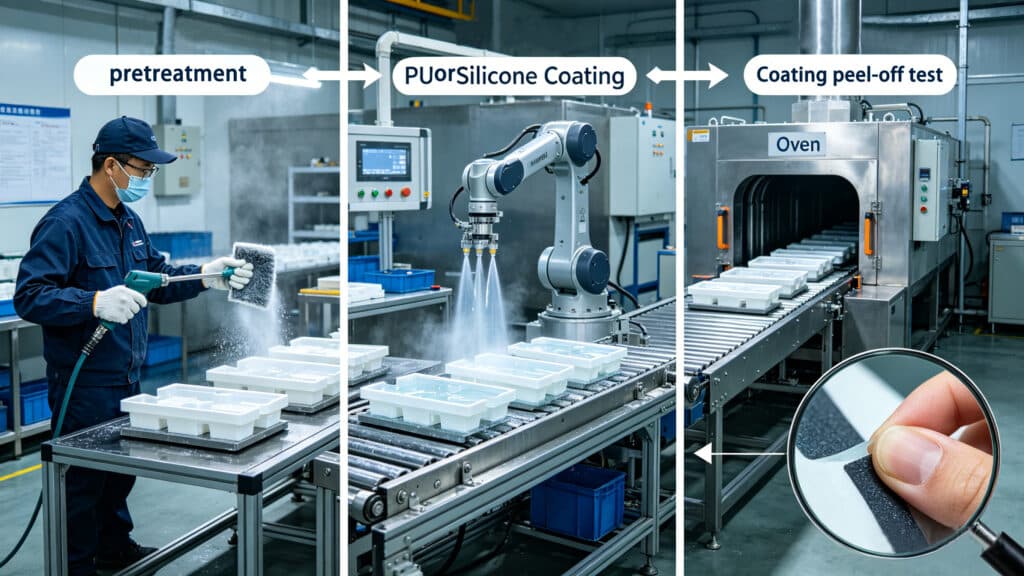 Industrial process of silicone coating application, including pretreatment, robotic PU or silicone spraying, oven curing, and peel-off adhesion testing.