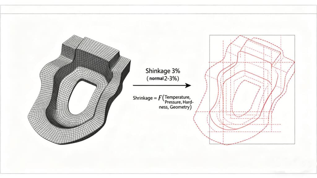 3D wireframe model illustrating silicone shrinkage simulation, showing the transformation from mold cavity to final part size due to a 3% shrinkage rate.