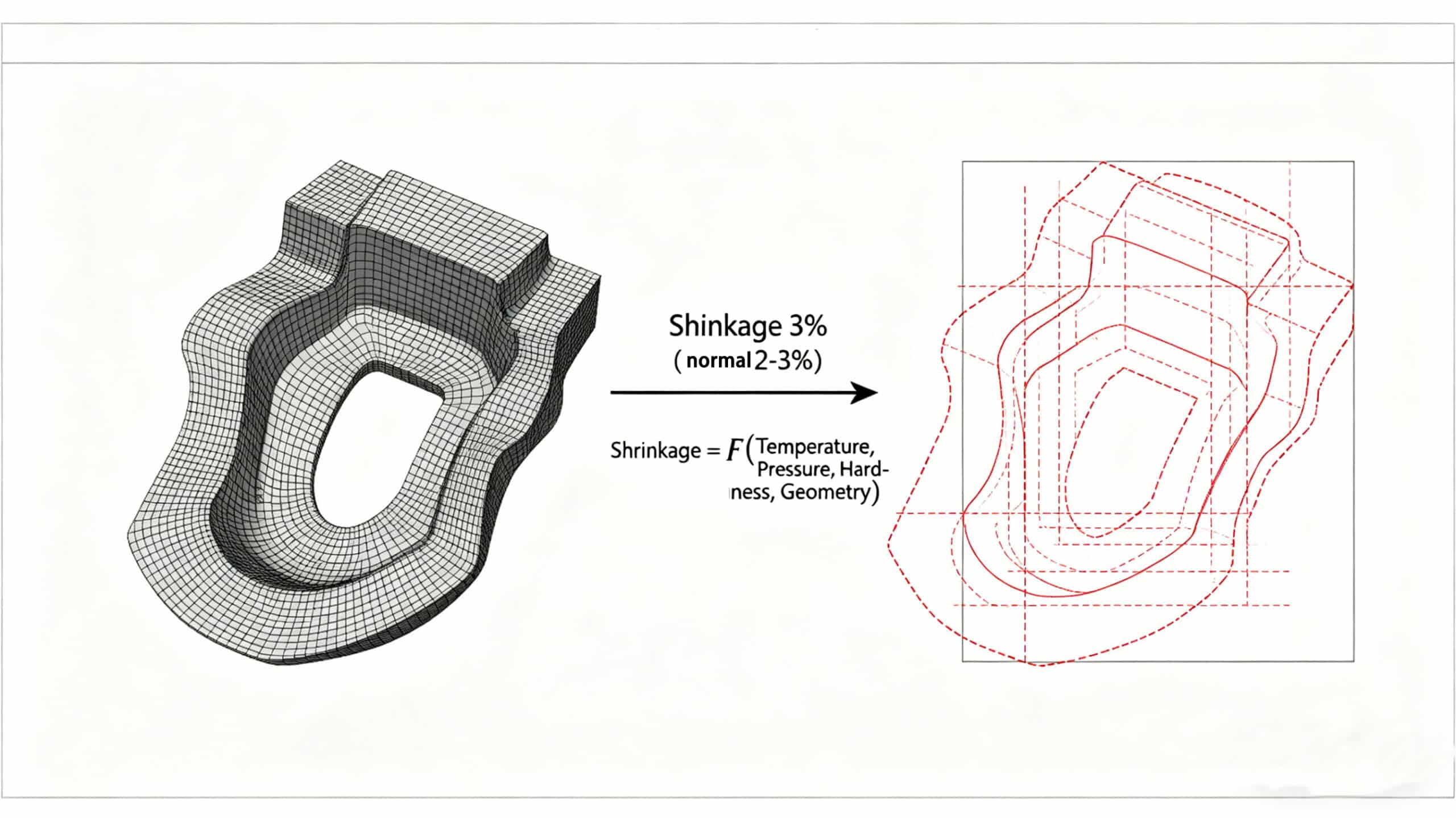 3D wireframe model illustrating silicone shrinkage simulation, showing the transformation from mold cavity to final part size due to a 3% shrinkage rate.