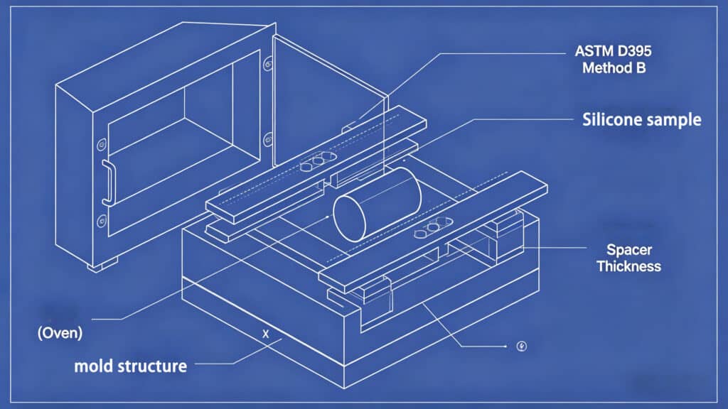 Schematic diagram of the ASTM D395 Method B test setup for measuring compression set, showing the mold structure, silicone sample, spacer thickness, and oven environment.