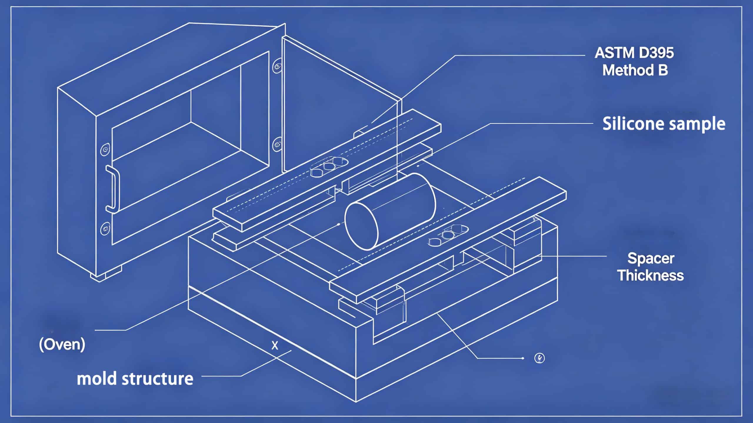 Schematic diagram of the ASTM D395 Method B test setup for measuring compression set, showing the mold structure, silicone sample, spacer thickness, and oven environment.