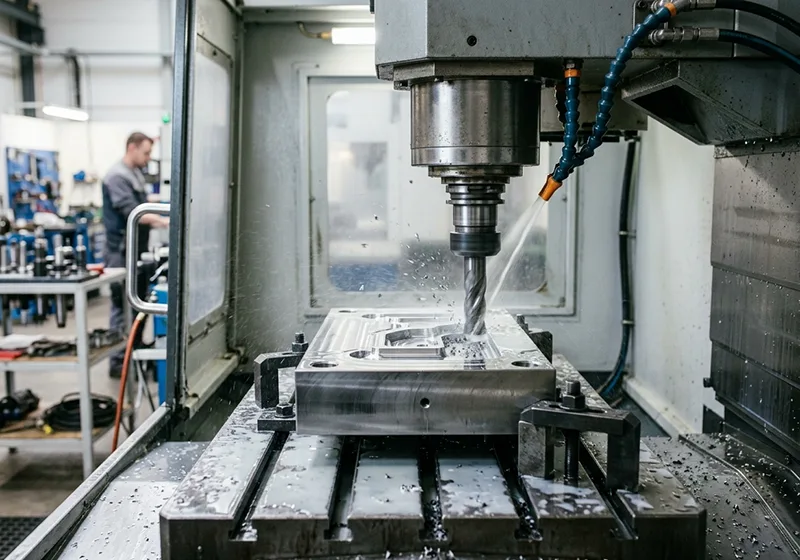 CNC machine milling a steel mold block with visible coolant spray and metal chips in a tooling workshop