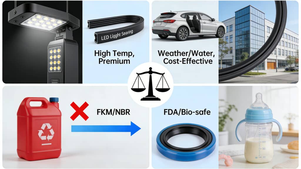 Application decision matrix comparing silicone and EPDM uses: silicone recommended for high-temperature LED seals and FDA-safe baby products, while EPDM is chosen for cost-effective automotive weather stripping and building enclosure gaskets, with FKM/NBR suggested for oil resistance.