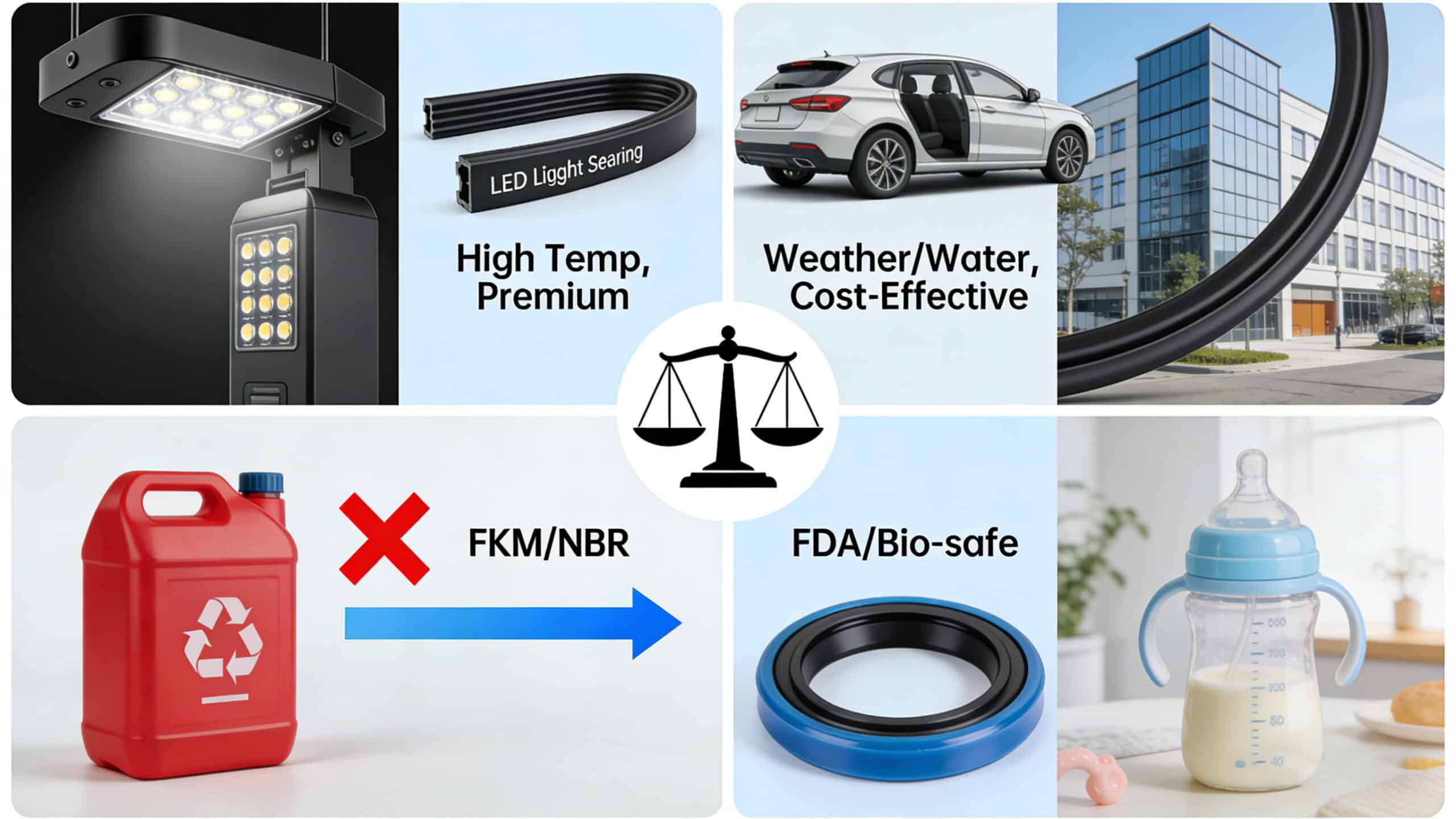 Application decision matrix comparing silicone and EPDM uses: silicone recommended for high-temperature LED seals and FDA-safe baby products, while EPDM is chosen for cost-effective automotive weather stripping and building enclosure gaskets, with FKM/NBR suggested for oil resistance.