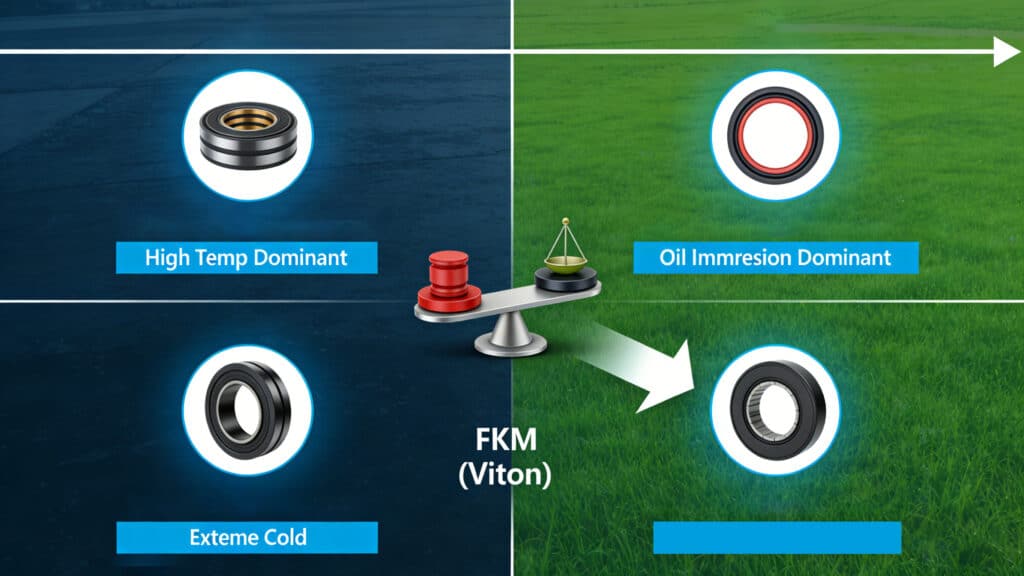 Application selection matrix balancing temperature and oil exposure requirements: recommending silicone for high-temperature dominant seals like turbocharger gaskets, and NBR for oil-immersion dominant seals like engine crankshaft seals and hydraulic O-rings.