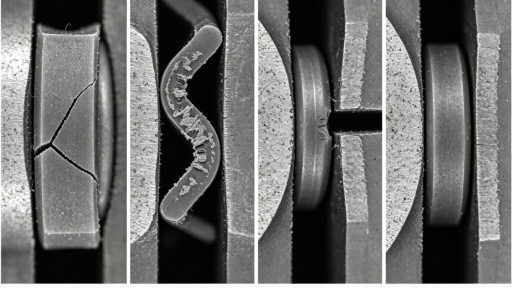 Comparison of silicone seal failure modes including over-compression cracking, extrusion damage, dimensional tolerance leaks, and a properly functioning seal.