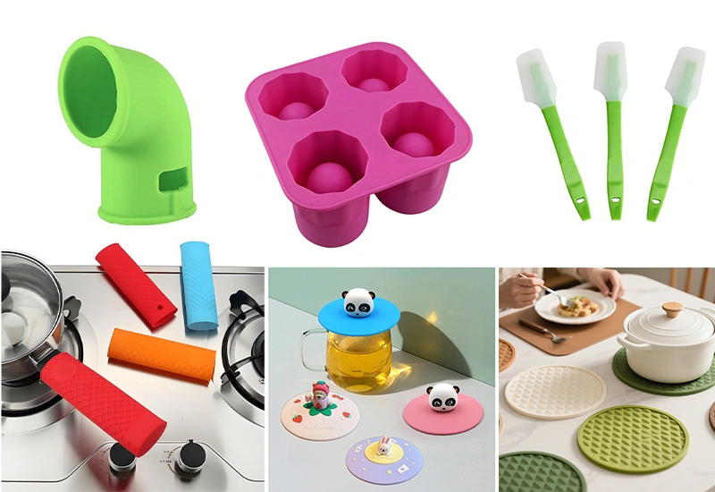 Custom silicone kitchen and home products including baking molds, spatulas, pot handle covers, cup lids, and trivets