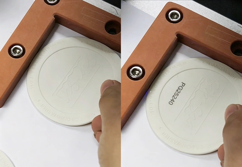 Laser engraving process adding custom logo and part number to molded silicone products