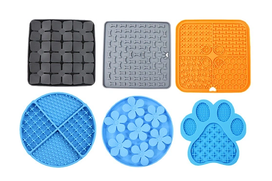 Various textured silicone lick mats for dogs and cats in multiple shapes and colors