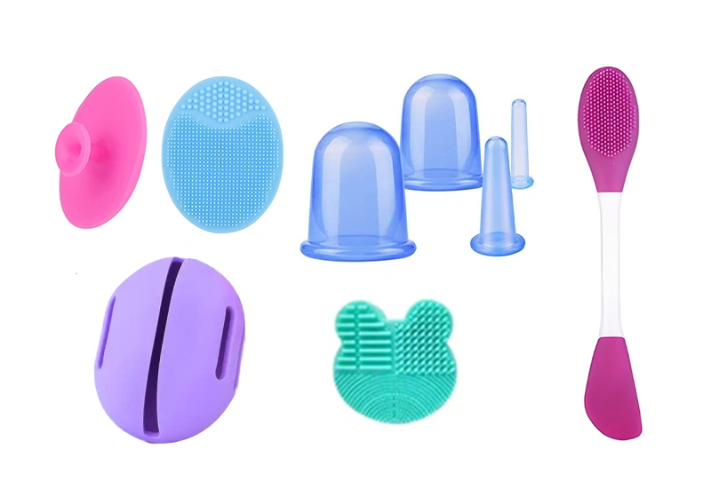Custom silicone facial cleansing pads, massage cups, beauty brushes, and skincare accessories