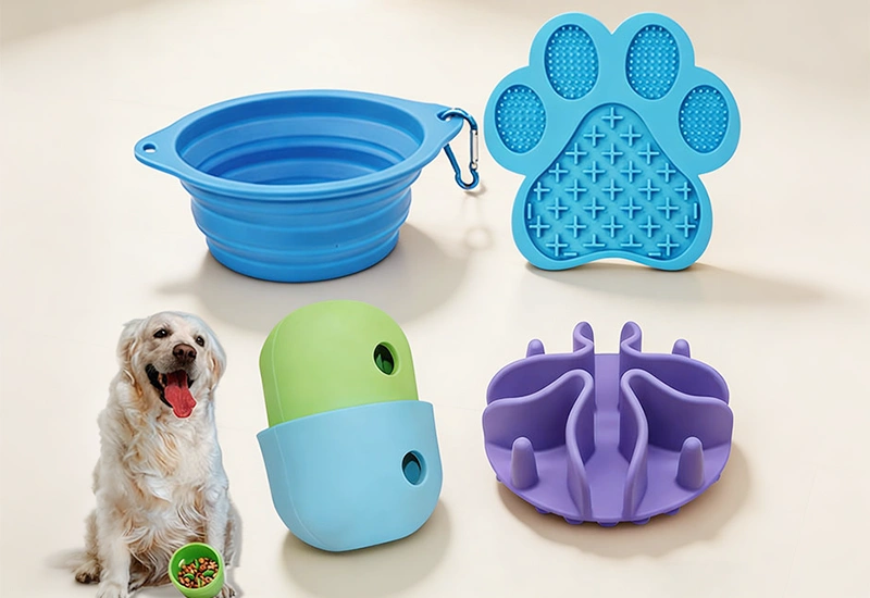 Silicone collapsible pet bowl, slow feeder mat, treat dispenser, and pet feeding accessories