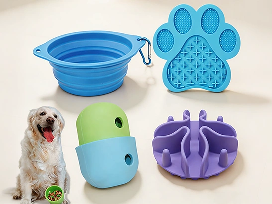 Silicone pet feeding bowls, slow feeder mats, collapsible travel bowls, and pet accessories