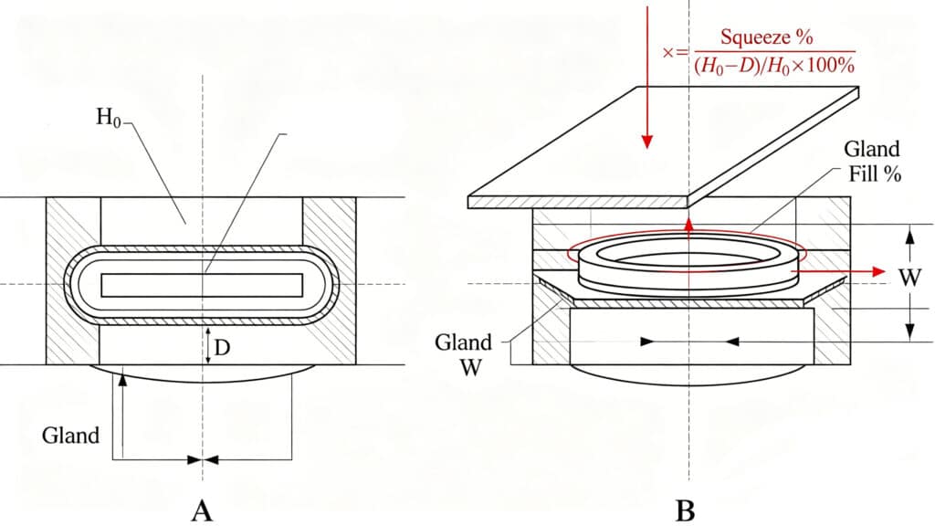 Engineering diagram showing O-ring gland design dimensions (H0, D, W) and the mathematical formula for calculating Squeeze percentage and Gland Fill.