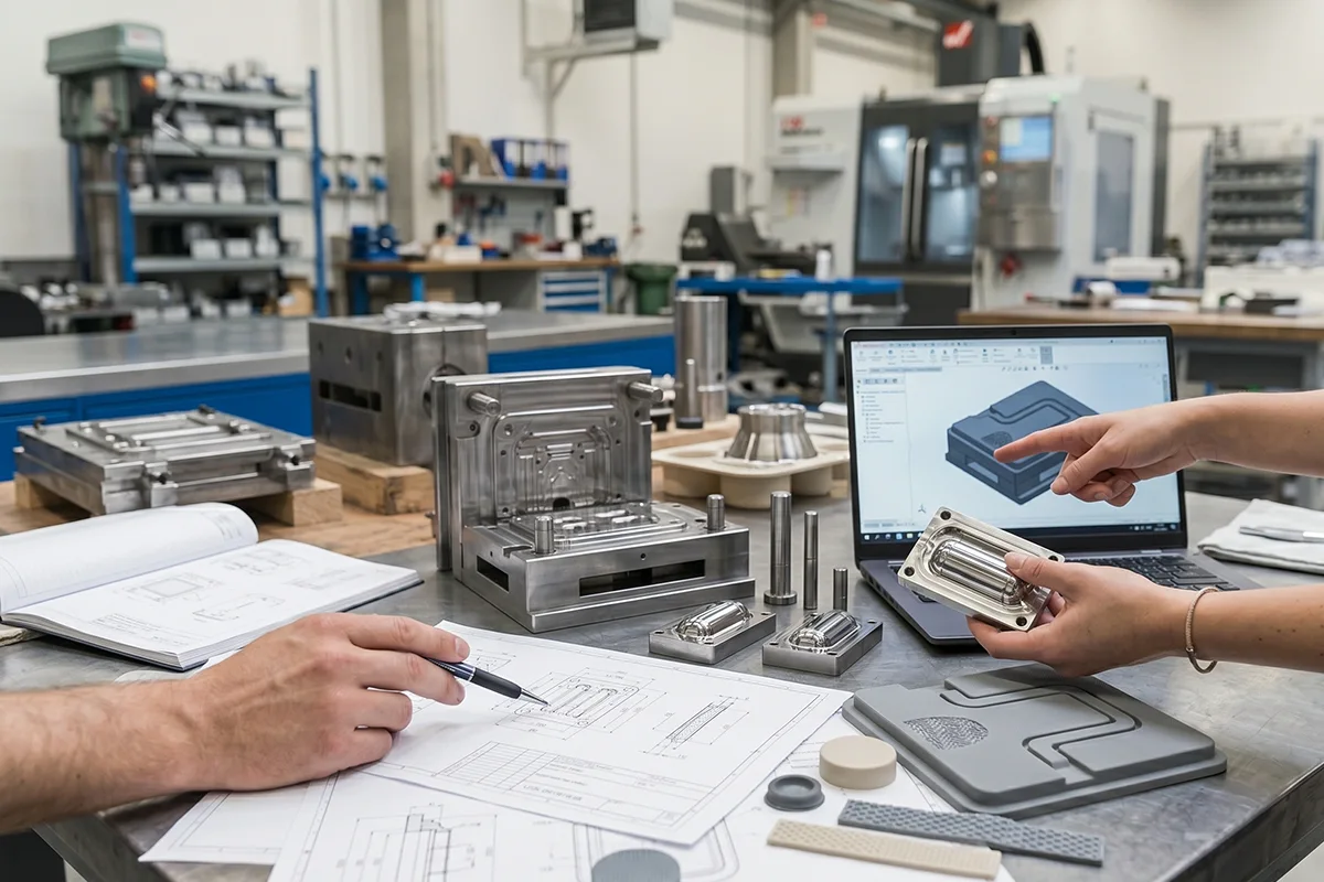 Engineers discussing a tooling project around a table with open steel molds, silicone samples, technical drawings and a laptop showing a 3D mold design