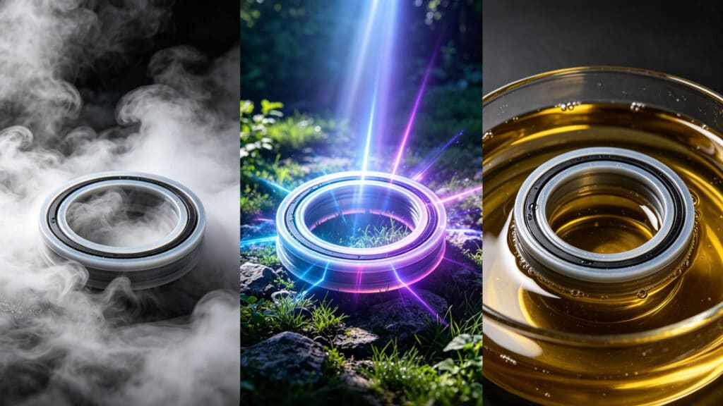 Silicone O-ring subjected to extreme temperature, UV/ozone exposure, and chemical contact environments.