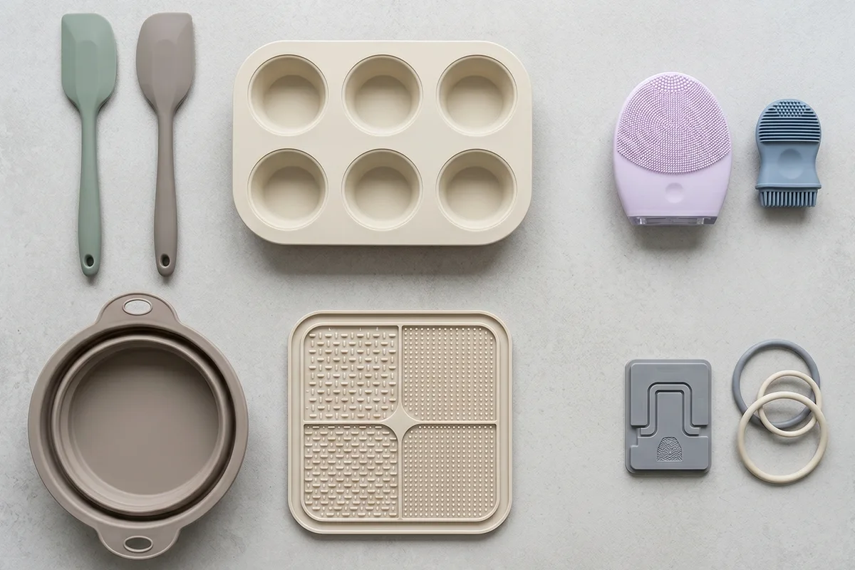 Flat lay of various silicone products including kitchen bakeware, cooking utensils, personal care brushes and silicone rings showing different application areas